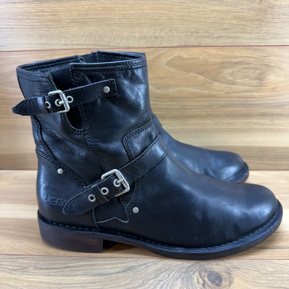 UGG Fabrizia Moto Biker Boots Womens 10 Black Leather Buckle Zipper Casual